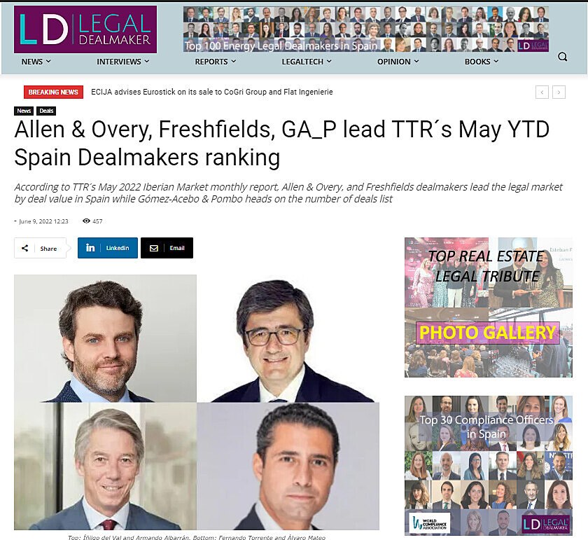 Allen & Overy, Freshfields, GA_P lead TTR's May YTD Spain Dealmakers ranking